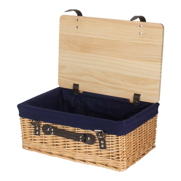 Buff Navy Lined Willow Empty Picnic Basket with Pinewood Lid for wholesale by Red Hamper