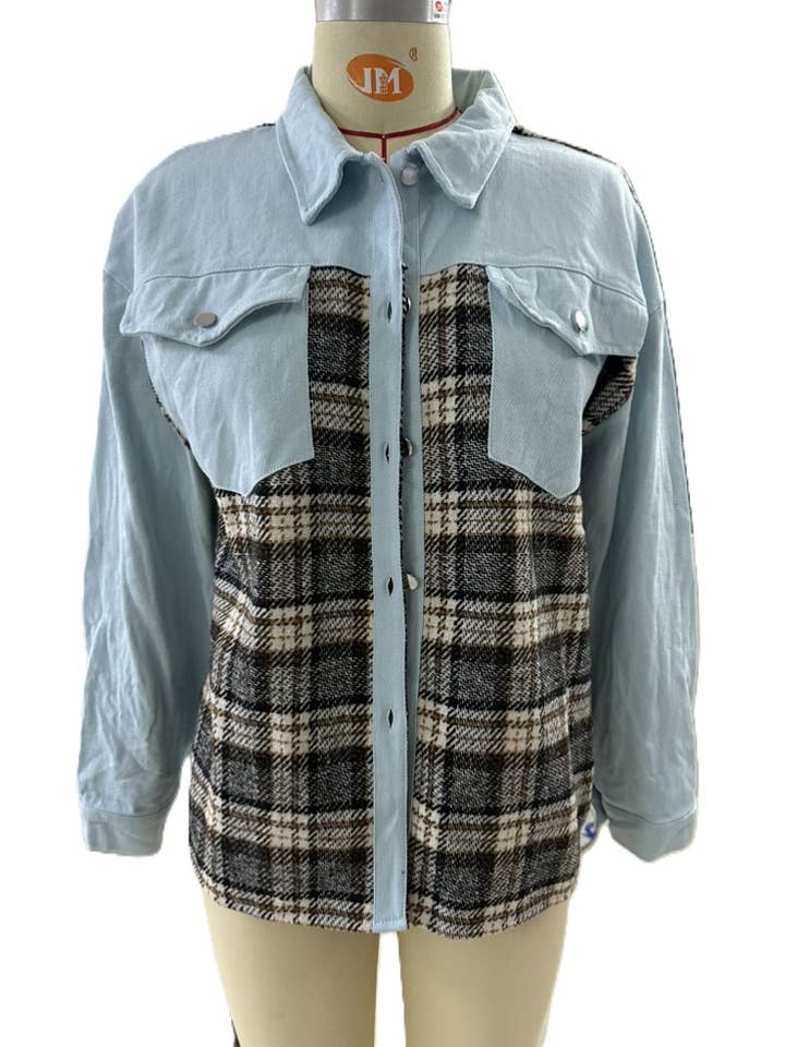 HIDDENBRAND - Wholesale Shirt Jacket/Shacket - Women's - Denim Plaid Buttoned Shacket