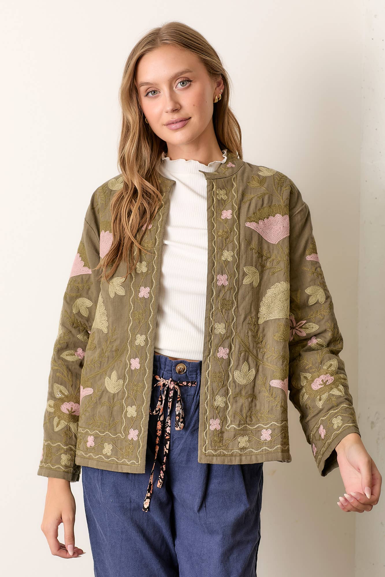 プリン】patchwork embroidery lace jacket Turquoise Quilted