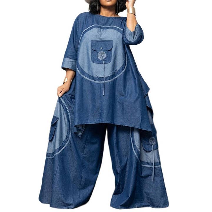 BLUE Long Denim Fabric Suit With Short Sleeves for wholesale on Faire