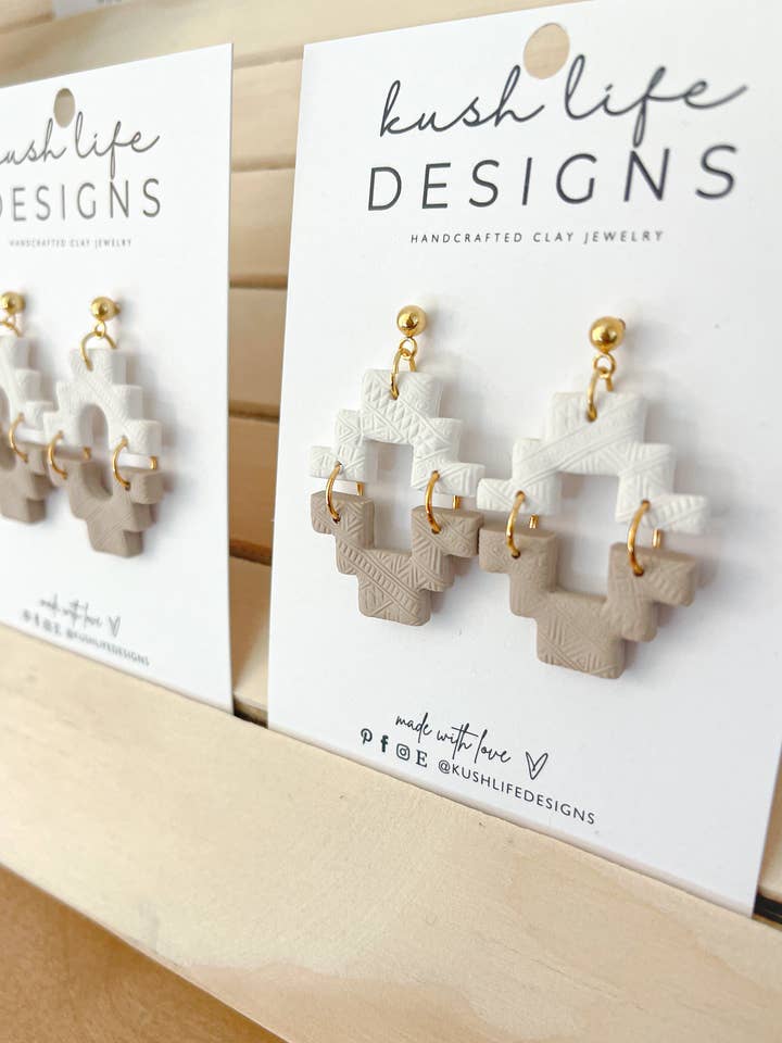 Clay Earring | White & Tan Puzzle Aztec for wholesale by Kush Life Designs