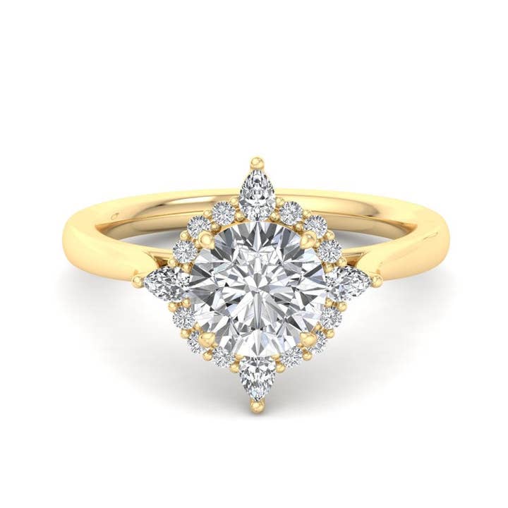 Halo-style with Pear Accents and Round Lab Grown Diamond Center Engagement Ring for wholesale by Caratina