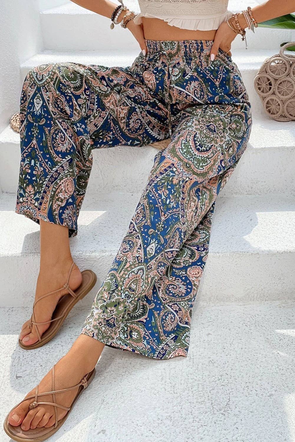 1 the Woman - Wholesale Pants - Women's - Paisley Print Boho Elastic Waist Wide Leg Pants6