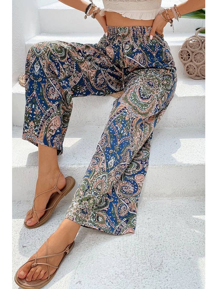1 the Woman - Wholesale Pants - Women's - Paisley Print Boho Elastic Waist Wide Leg Pants6