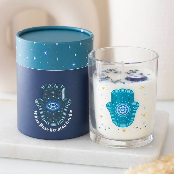 Vela de Mano de Hamsa con Rosa Blanca y Cristales para venta al por mayor de Something Different Wholesale