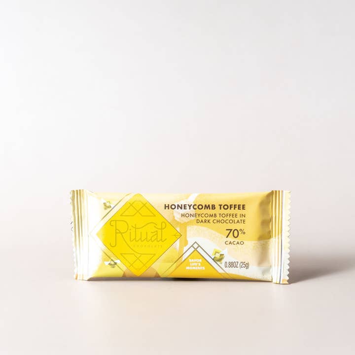 Honeycomb Toffee Mini Bar 25g, Dark Chocolate 70% for wholesale by Ritual Chocolate