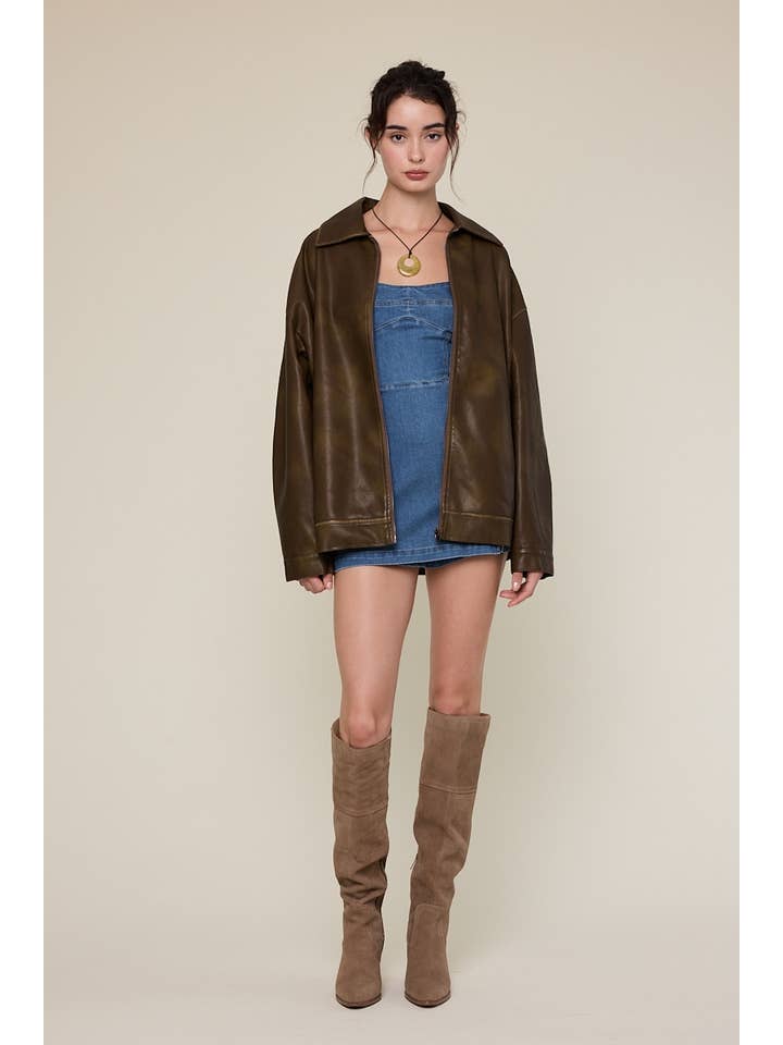 Sky to Moon - Wholesale Leather Jacket - Women's - FAUX LEATHER COLLARED OVERSIZED CASUAL JACKET4