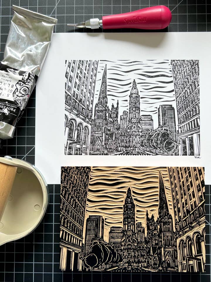 Philadelphia Skyline Linoleum Print for wholesale by KatieMcKDesigns
