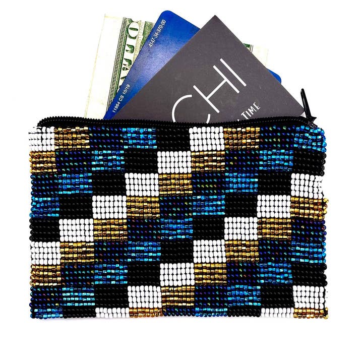 Blue Checkered Zipper Pouch for wholesale by KAQCHI