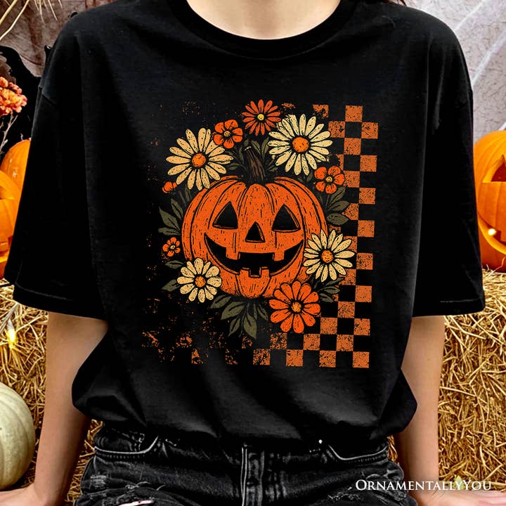 Checkered Floral Pumpkin T-Shirt, Retro Preppy Halloween Tee for wholesale by OrnamentallyYou