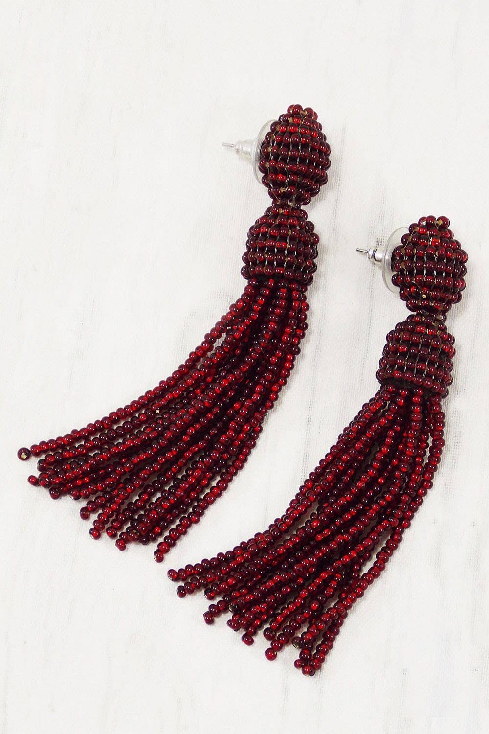 Ninolia - Wholesale Tassel Earrings - Red Sparkly Earrings Red Holiday Earrings Red Glitter Earrings Red Bead Tassel Fringe Drop Earrings Statement Tassel Burgundy Earrings Stud8