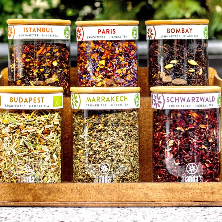 alanda's - Wholesale Retailer Display - Food & Drink - TEEBAR | Wooden shelf with storage jars, various sizes