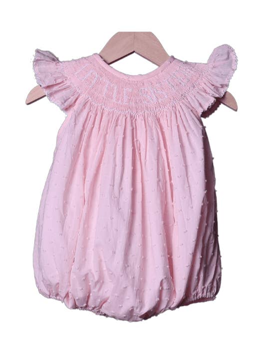 Smocked Little Sister Pink Swiss Dot Bubble for wholesale by The Smocked Flamingo