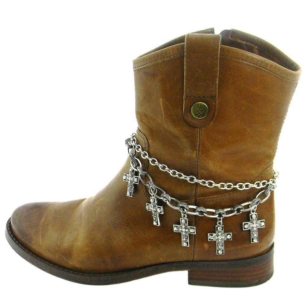 Western Elite Jewelry - Wholesale Shoe Accessories - BTO-0730-03 RHINESTONE 5-CROSS CHARM BOOT CHAIN1