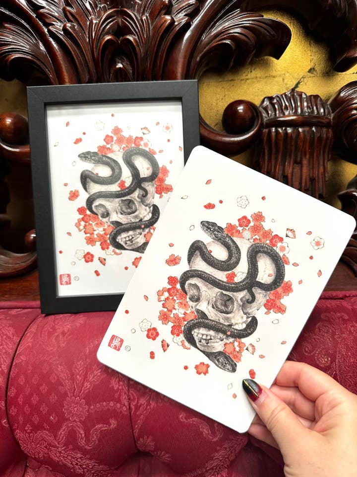 "Lady Death & Snakes" Framed Art Card & Single Cards for wholesale by Stephanie Inagaki