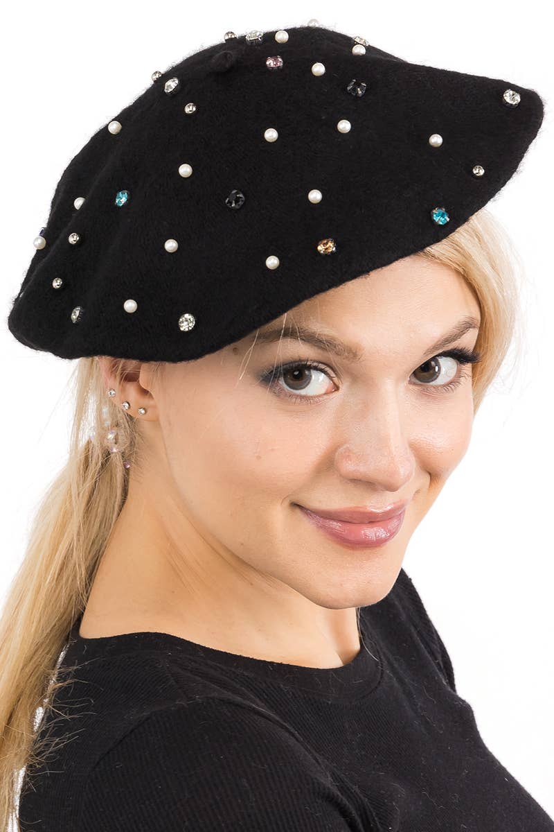 Cap Zone – Boina - Mulher por atacado – Boina de tweed escovado com strass e pérolas falsas4