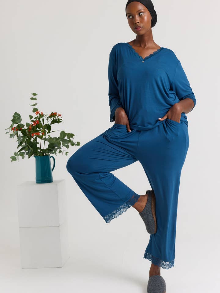 Bamboo Lace V-neck Pajama Set in Teal for wholesale by Pretty You London