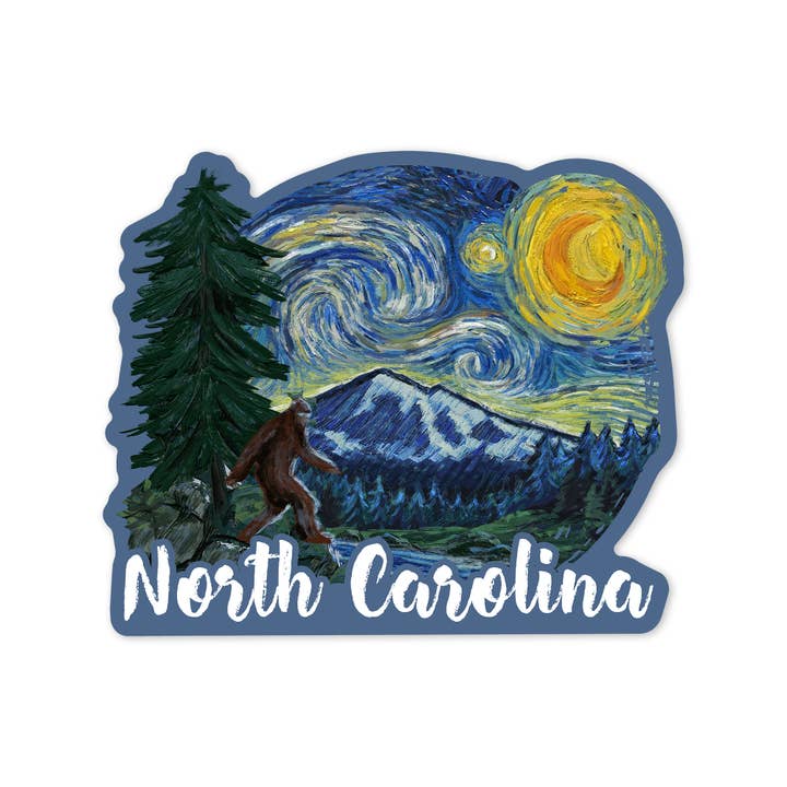 Lantern Press - Wholesale Sticker - Vinyl Sticker North Carolina, Bigfoot, Starry Night