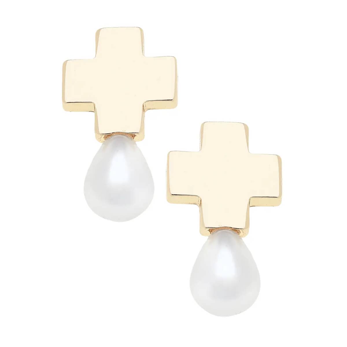 Canvas Style - Wholesale Dangle Earrings - Edith Square Cross Pearl Drop Earrings in Ivory