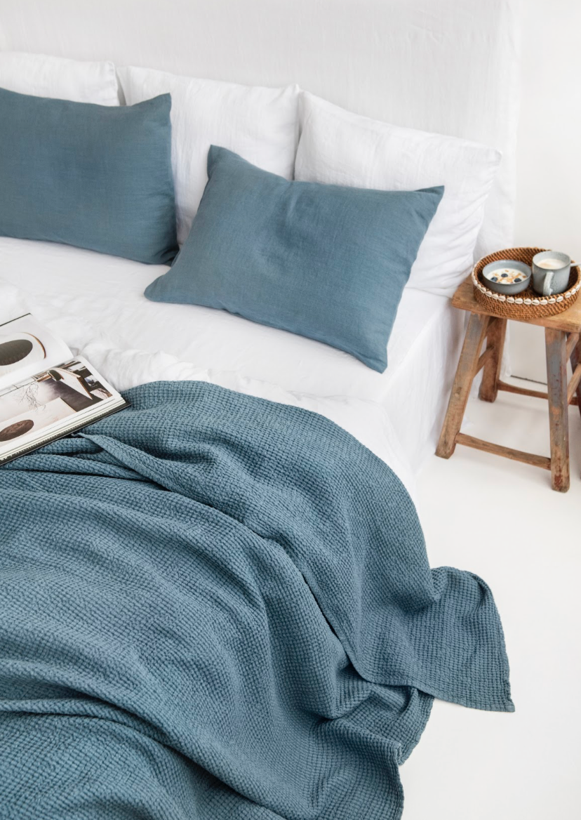 MagicLinen (We handle U.S. import procedures for you) - Wholesale Throw Blanket - Linen waffle throw blanket in Gray blue2