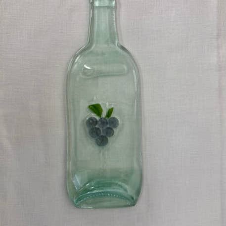 Clear slumped wine bottle platter with embedded glass image of grapes for wholesale by Rescued Whines