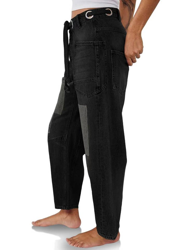 HIDDENBRAND - Wholesale Jeans - Women's - Patch Loose Straight-Leg Drawstring Casual Jeans