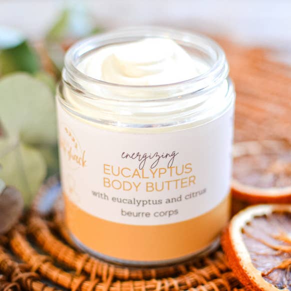 Beurre corporel énergisant à l'eucalyptus *Eucalyptus, orange et menthe* pour la vente par Prarie Soap Shack