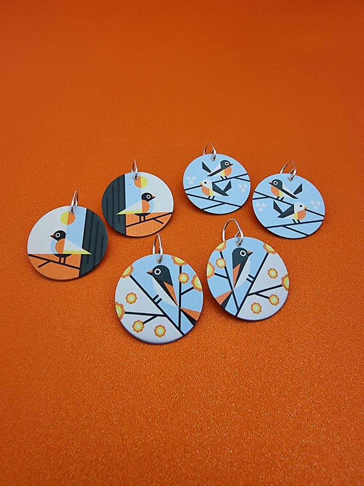 GARDEN BIRDS - Matching 25mm disc earrings for wholesale by erin.k creative studio