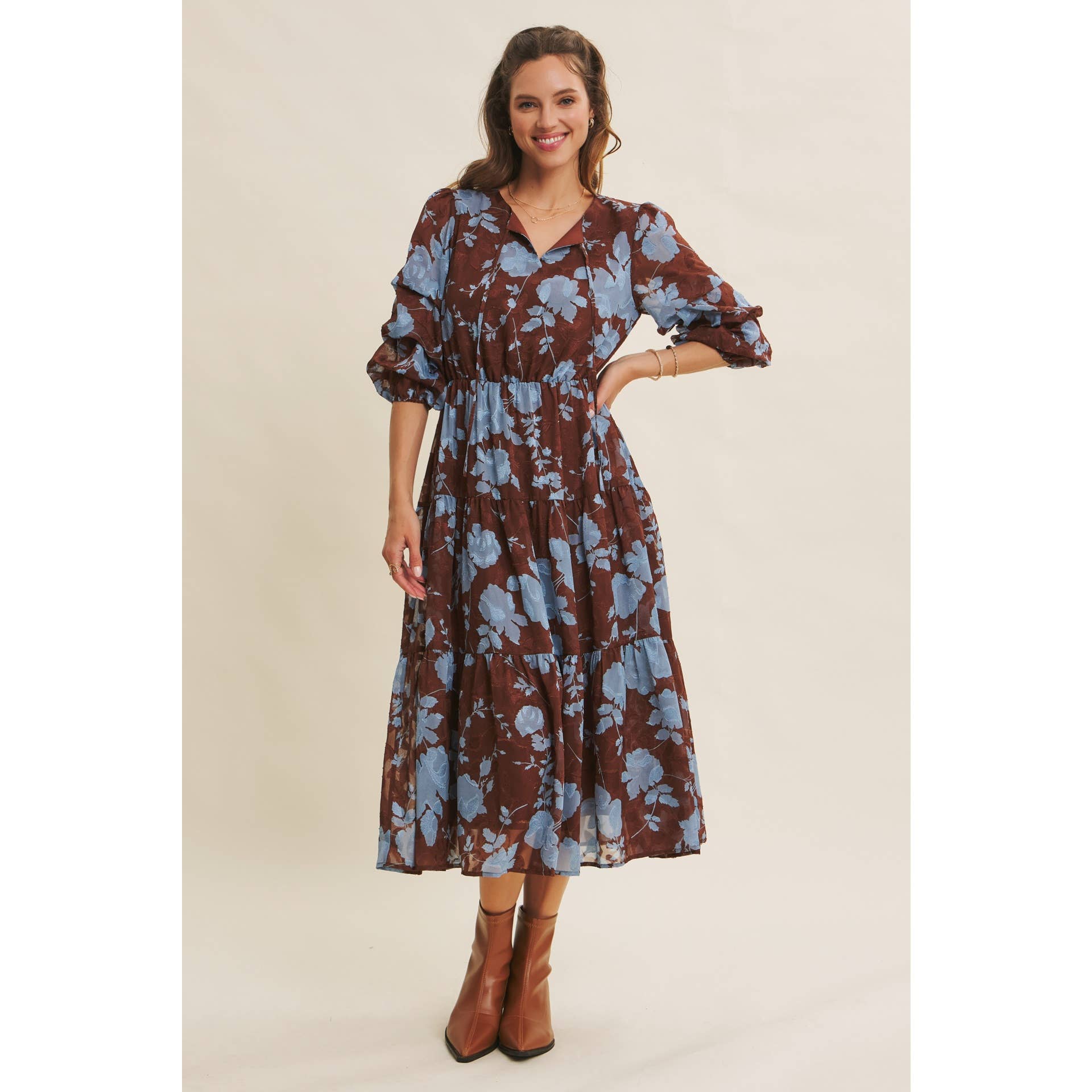 in february - Wholesale Dress - Women's - DREAMY JACQUARD FLORAL MIDI DRESS WITH STATEMENT SLEEVES20