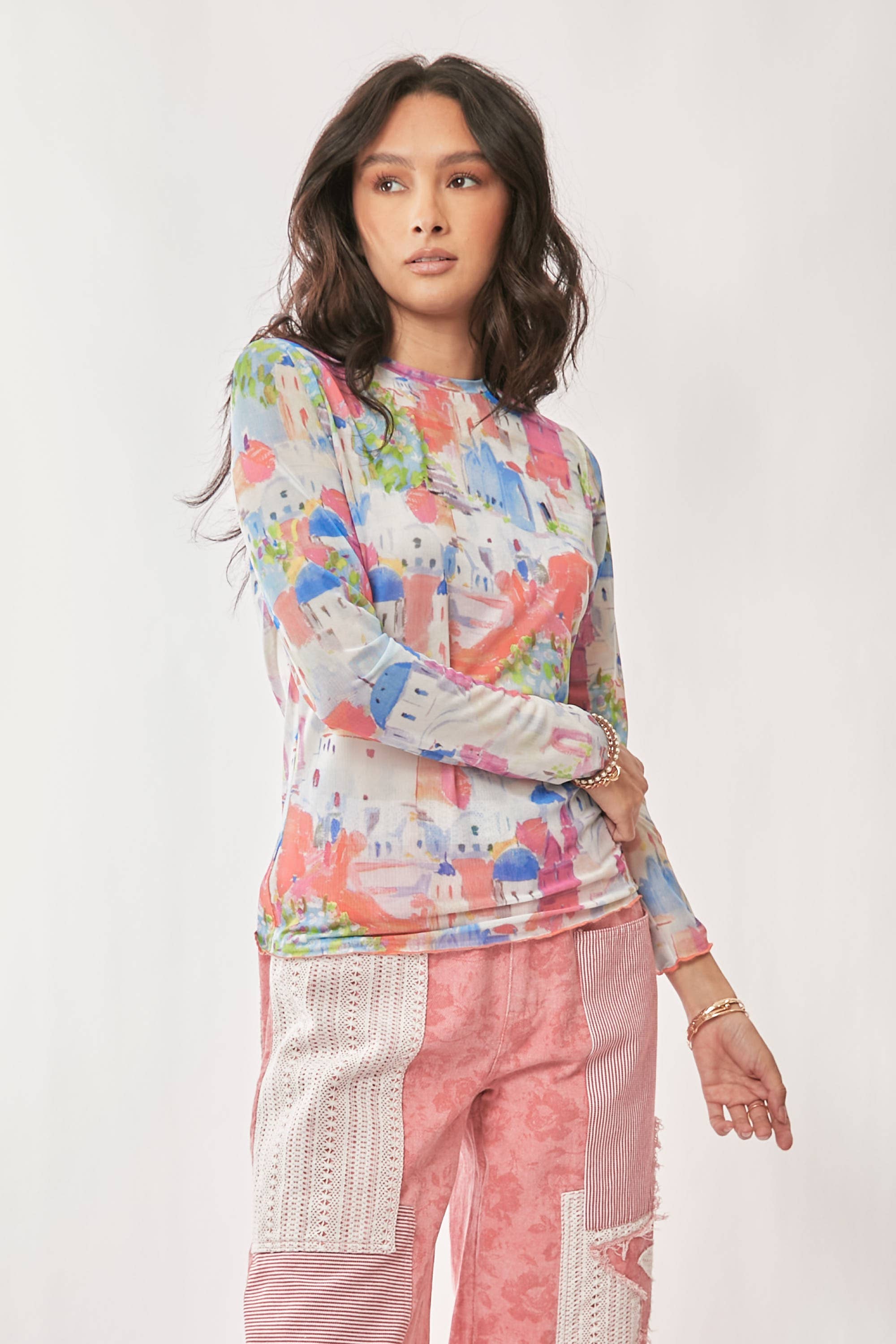 Davi & Dani – wholesale Knit top – Women's – MULTI PRINTED MESH ROUND NECK LONG SLEEVE TOP4