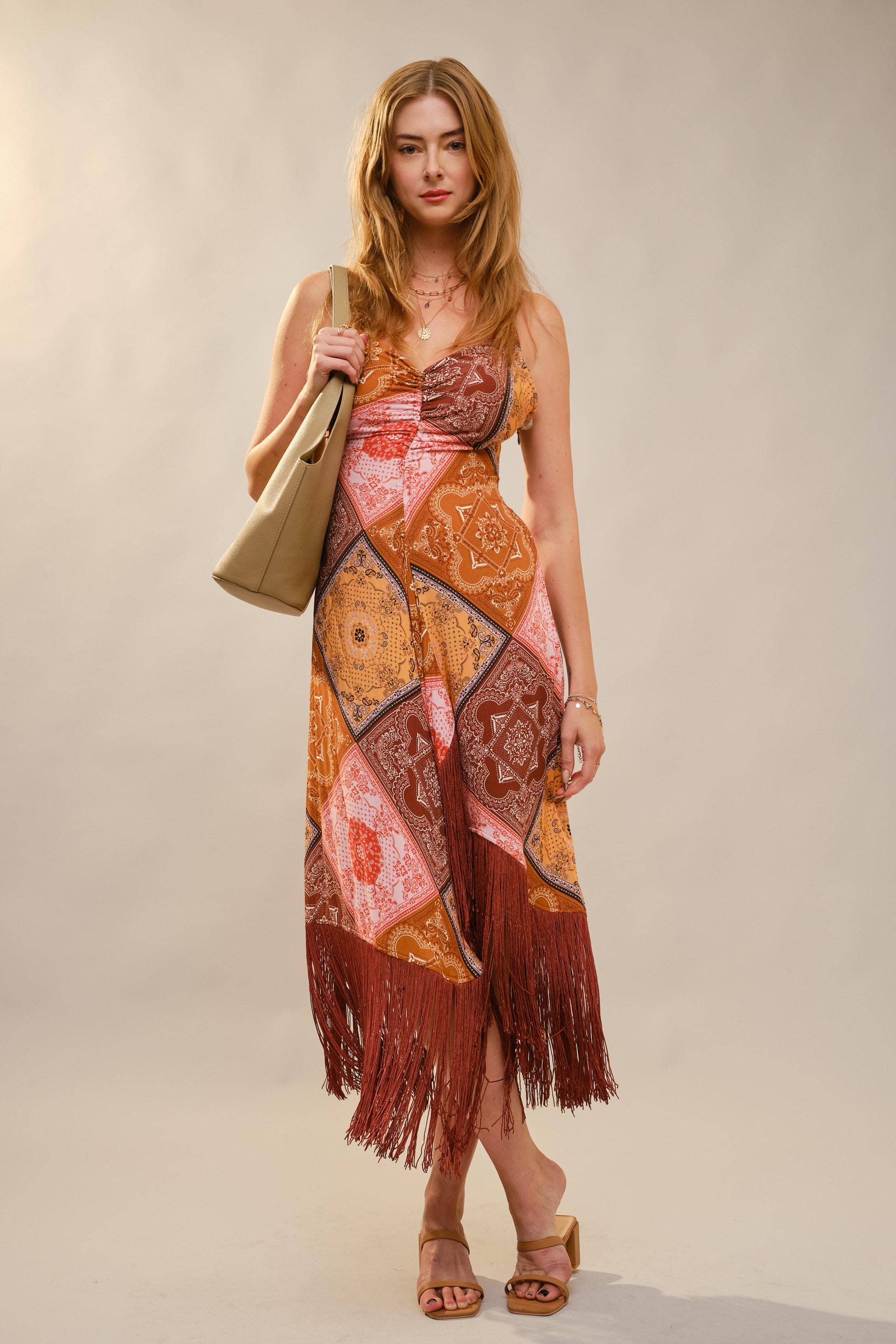 MULTI 37146D Patchwork Asymmetrical Fringe Hem Maxi Dress for wholesale on Faire5