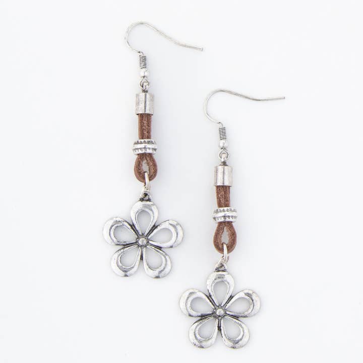 Wild Spirit Leather and Silver Flower Drop Earrings for wholesale by Howard's