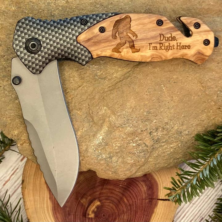 Bigfoot, Dude I’m Right Here Knife for wholesale by Quail Tail Laser Art