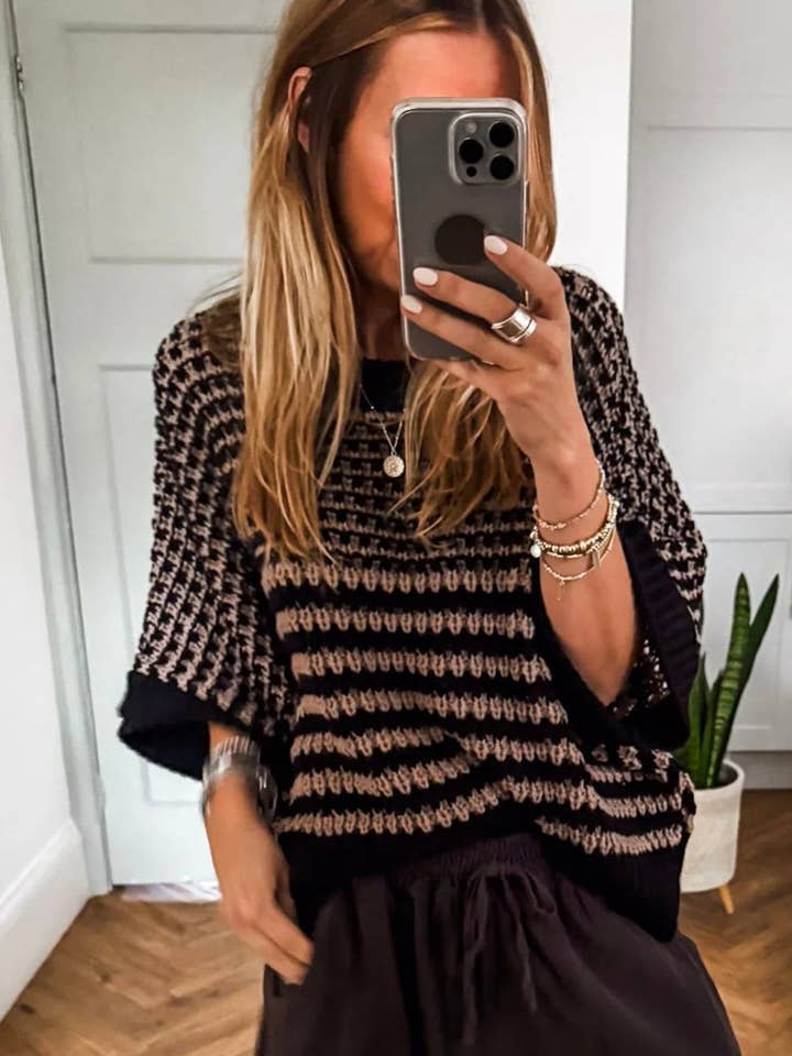 Suhkasana - Wholesale Knit Sweater - Women's - Red Striped Slouchy Knit Sweater with 3/4 Draped Sleeves5