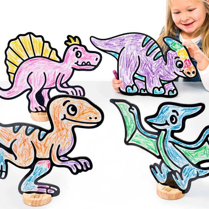 Dinosaur Companion Color & Play Set | 12 Pack | Parasaurolophus, Pterodactyl, Spinosaurus, and Velociraptor for wholesale by Doodleface