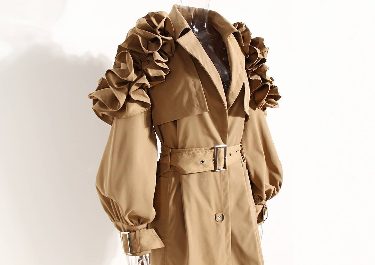 Khaki CT020 Women's Shoulder Ruffle Commuter Knee Length Coat for wholesale on Faire8