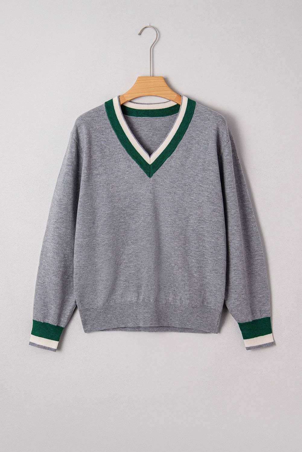 Gray LALALOO Varsity Stripe Contrast V-Neck Sweater for wholesale on Faire0