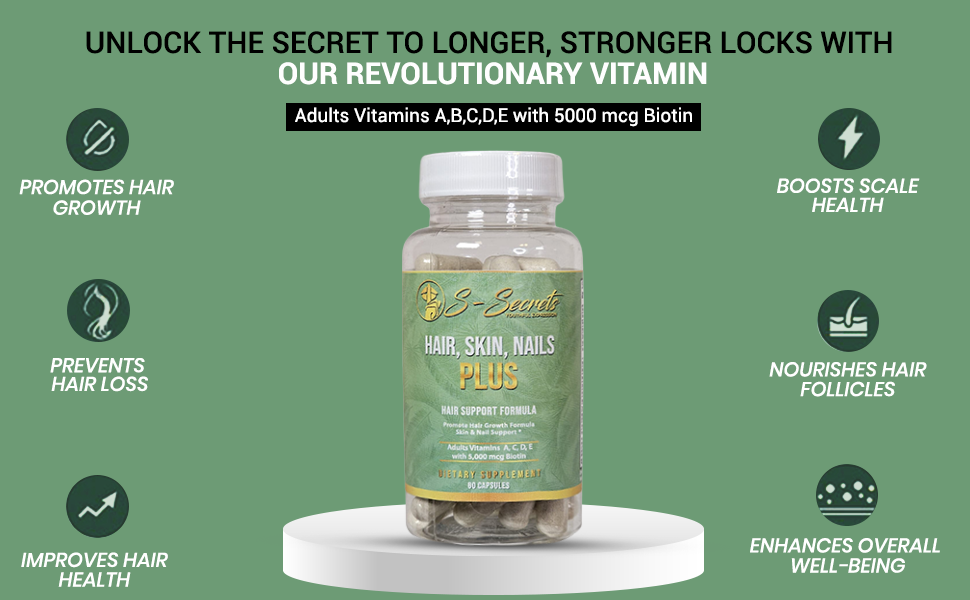 S-Secrets - Wholesale Oral Supplement/Vitamin - Women and Men Hair, Skin, Nails Plus Extra Strength Biotin 5000mcg, Vitamin A, C, D, E, Zinc8