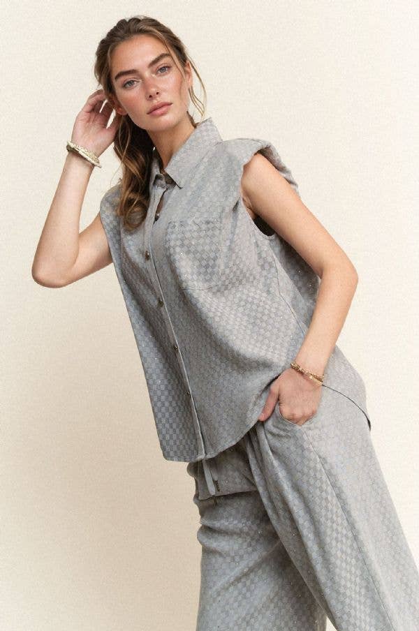 Davi & Dani – wholesale Set med topp och byxa – Dam – RUTIG DENIMSKJORTA MED KNAPPAR OCH LÅNGBYXOR0