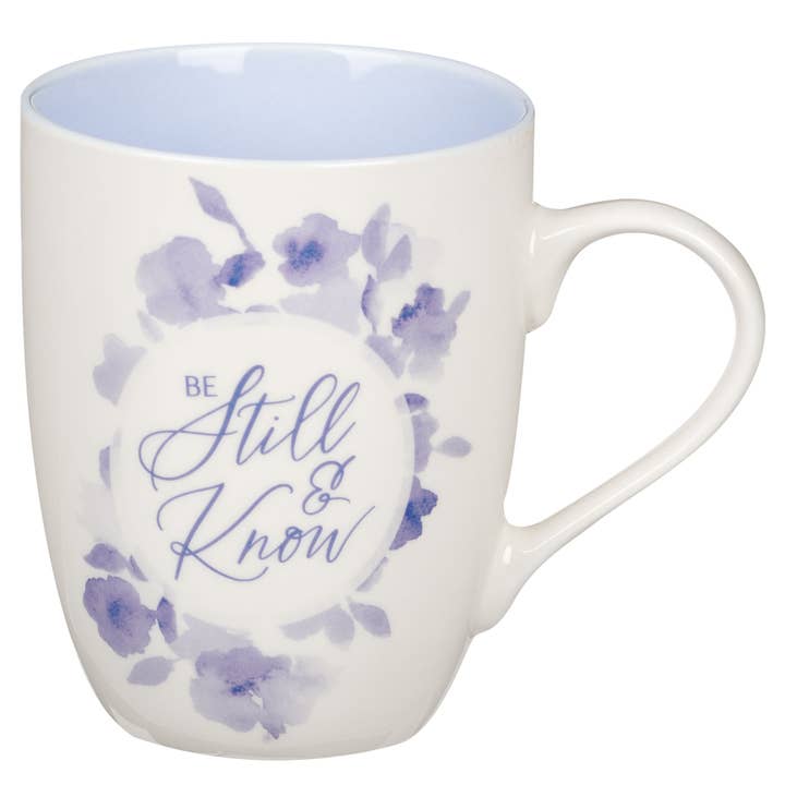 Tasse bleue fleurie Be Still Ps. 46:10 pour la vente par Christian Art Gifts