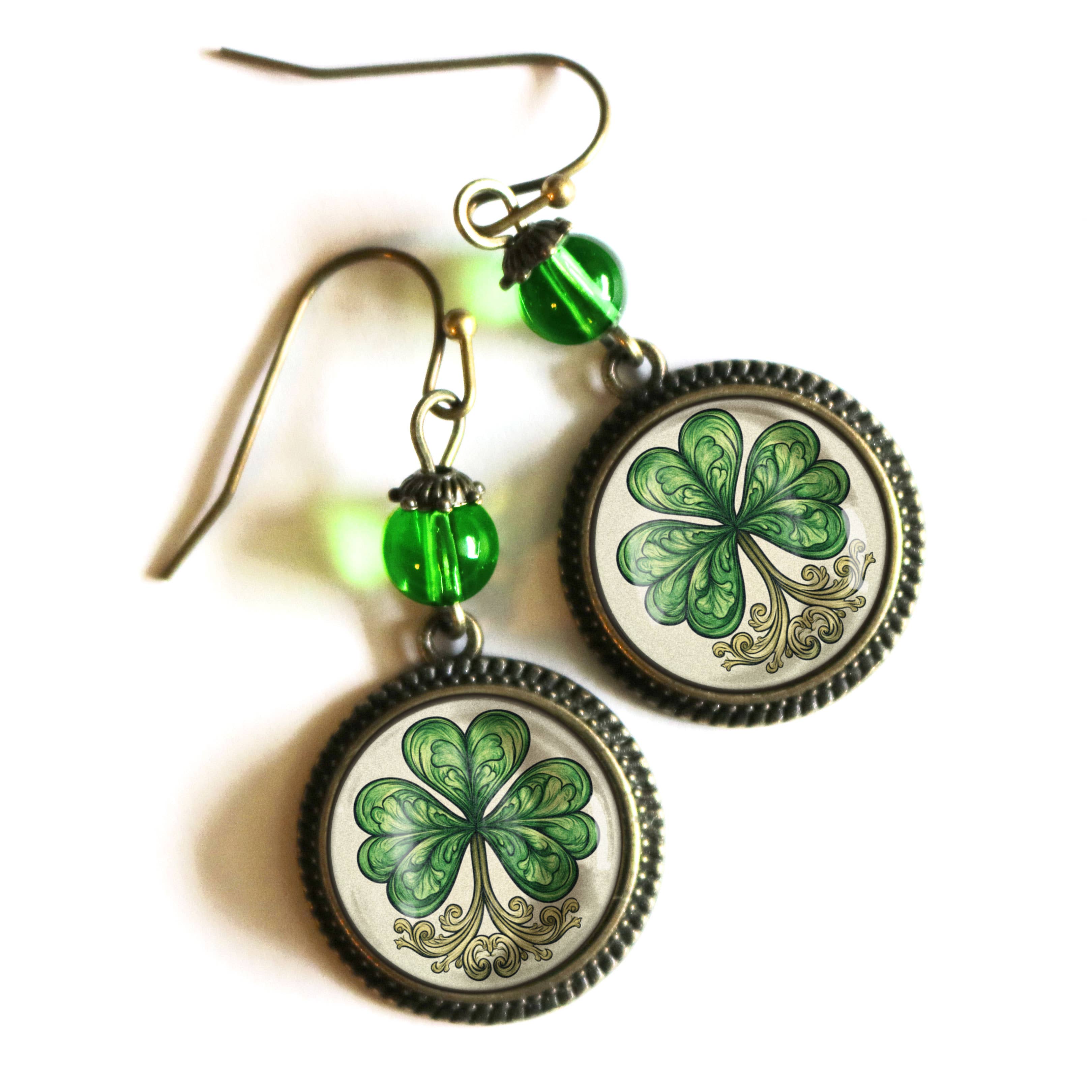 The Divine Iguana - Wholesale Dangle Earrings - Classic Shamrock Glass Cabochon St Patrick's Day Earrings1