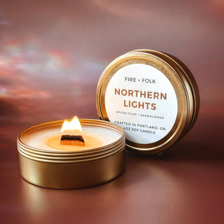Northern Lights | 4oz Wood Wick Soy Candle Tin for wholesale by FIRE + FOLK
