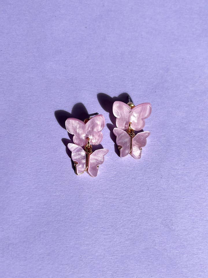 Pink Double Butterfly Stud Earrings for wholesale by Aloë Earrings