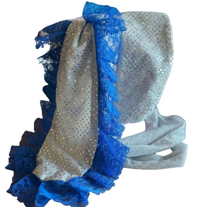 Silver Sequin & Blue Lace Bunny Bonnet – Handmade & Upcycled for wholesale by The Modern Alien