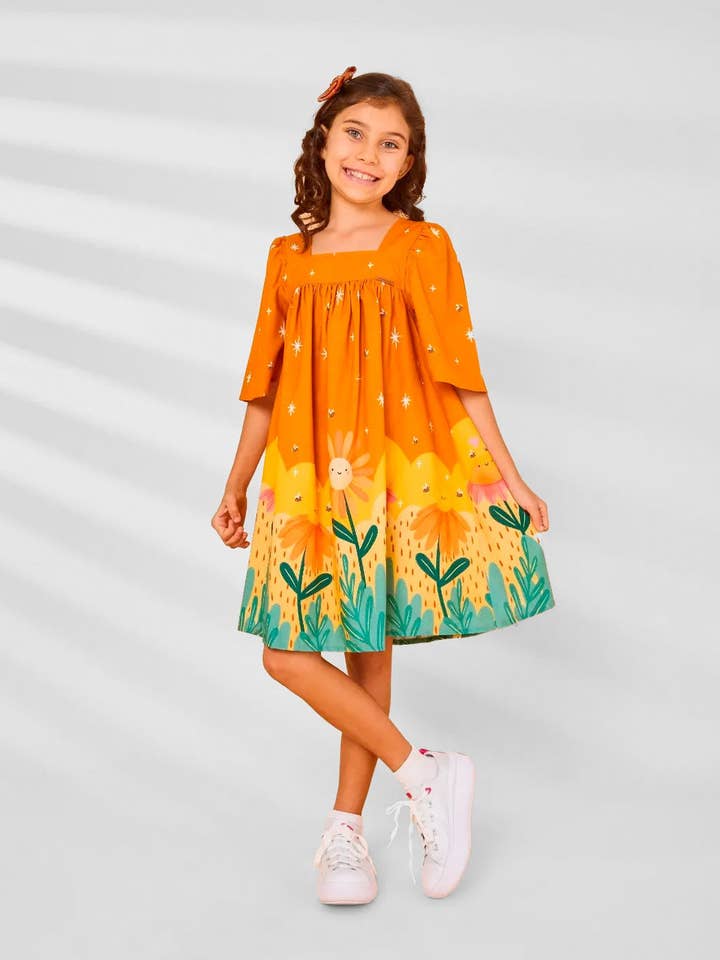 Children's Printed Dress Sunset Mustard - Mundo Coala for wholesale by Mundo Coala