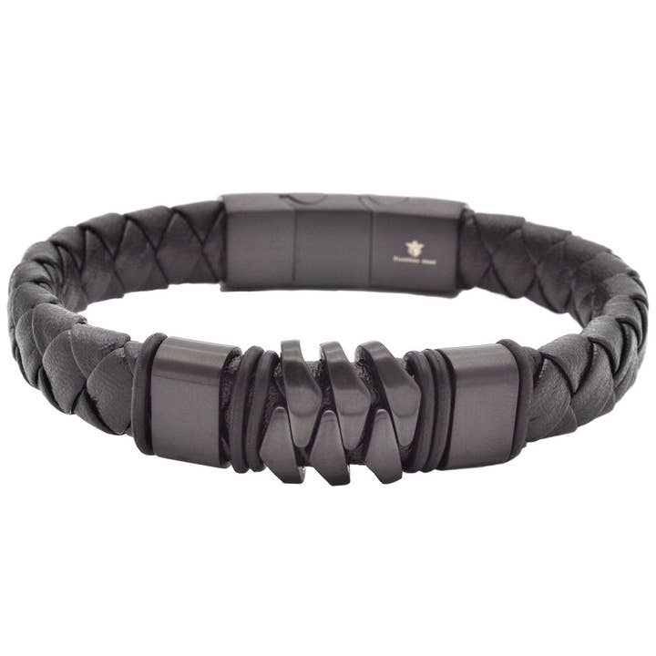 Blackjack Mens Jewelry - Wholesale Woven/Braided Bracelet - Black Leather & S.Steel Bracelet