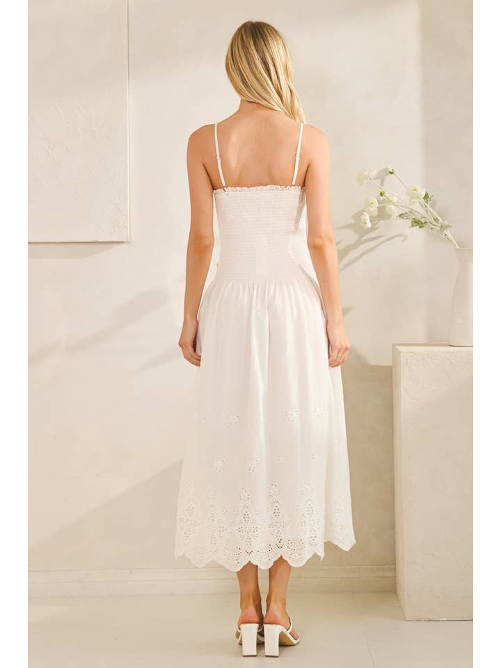 White NEGRIL FLOWER SMOCKING EYELET DRESS (ST#FSWD5315) for wholesale on Faire13