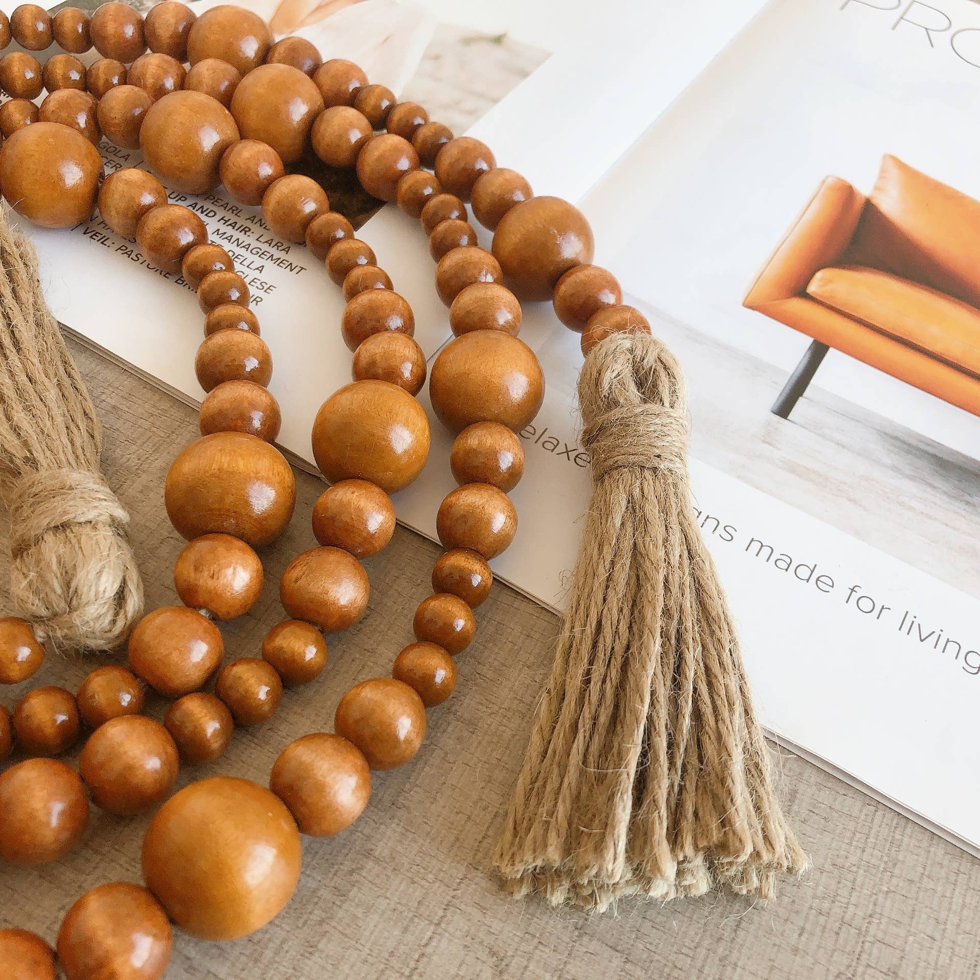 Brown Home Decoration Hemp Rope Tassel Wood Bead String Ornaments for wholesale on Faire2
