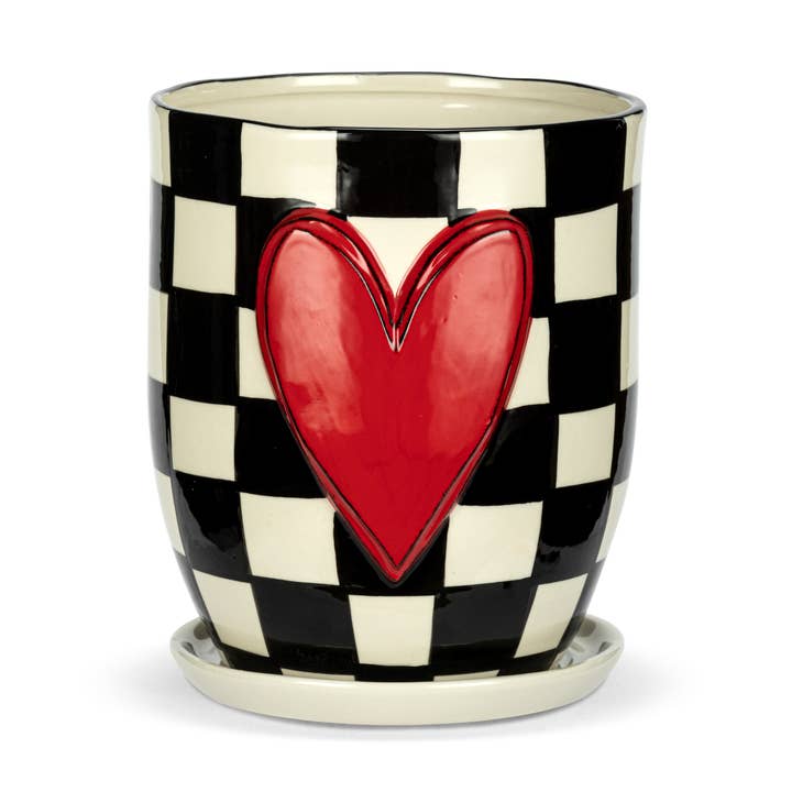 Checker Red Heart Ceramic Planter & Saucer - 5x6in for wholesale by DEMDACO