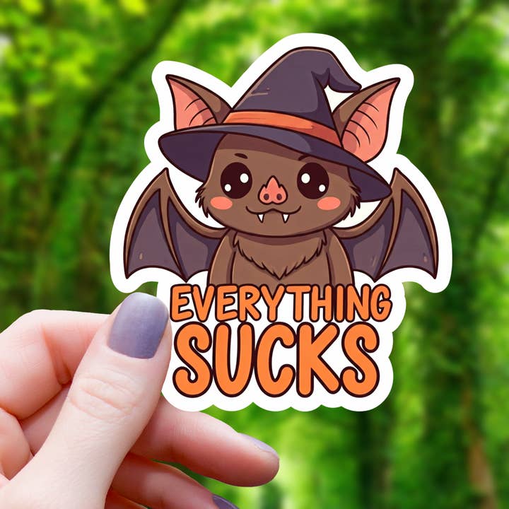 Everything Sucks Witch Bat Sticker- 3" for wholesale by Mimic Gaming Co